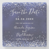 Bigende marineblauwe glitter Save the Date Stenen Onderzetter (Voorkant)