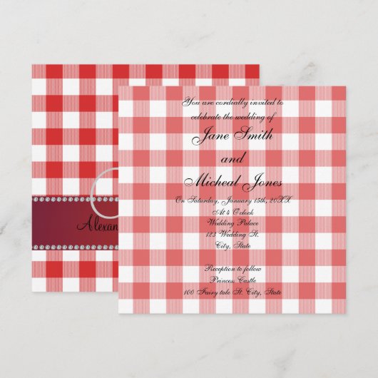 Bigende monogram rode gingham-controleurs kaart (Voorkant / Achterkant)