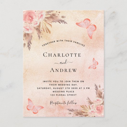 Bigende pampas gras blush boho uitnodiging briefkaart (Voorkant)