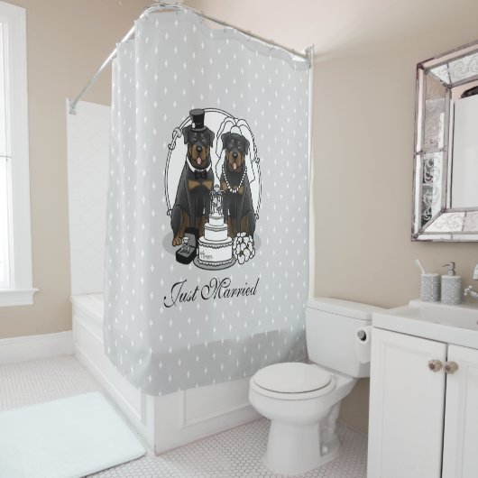 Bigende rottweilers Bride en Groom Dogs Cute Douchegordijn (In situ)