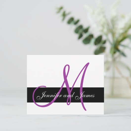 Bigende RSVP Card Monogram Names Paars Front (Staand voorkant)