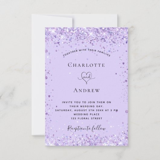 Bigende violet lavender glitter script kaart (Voorkant)