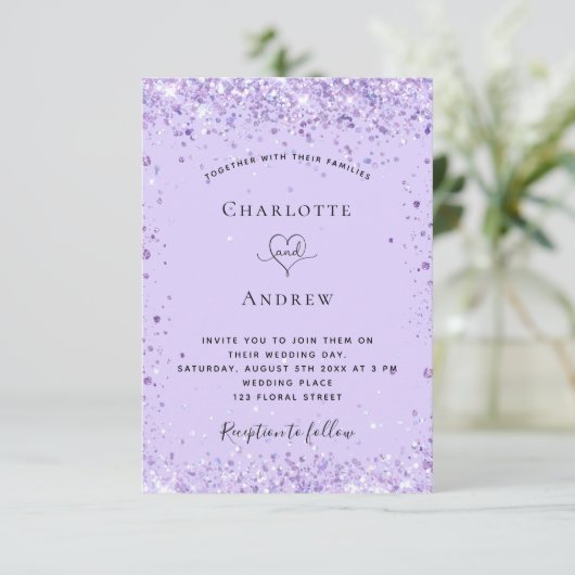 Bigende violet lavender glitter script kaart (Staand voorkant)