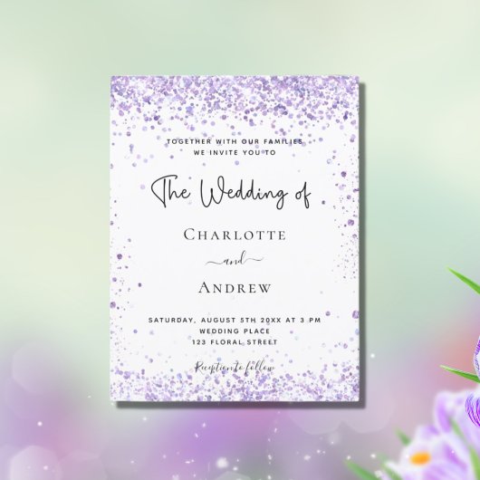 Bigende violet lavender glitter script uitnodiging briefkaart