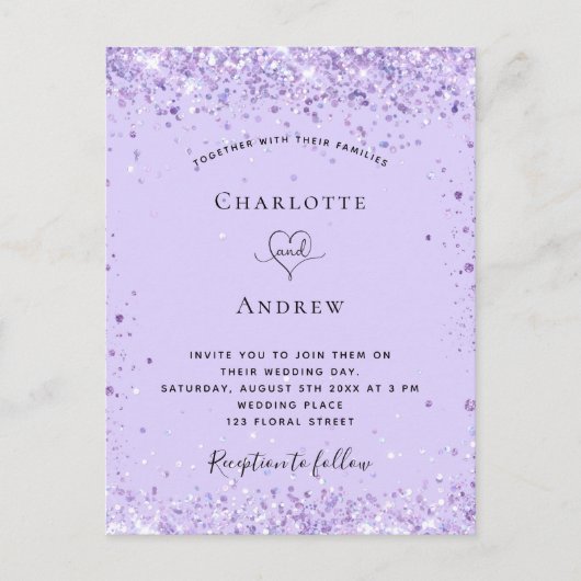 Bigende violet lavender glitter script uitnodiging briefkaart (Voorkant)