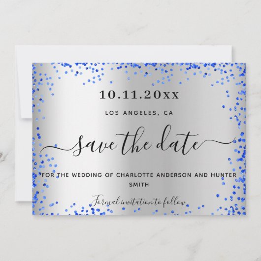 Bigende zilverroyal blauwe elegant save the date (Voorkant)