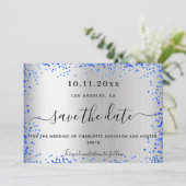 Bigende zilverroyal blauwe elegant save the date (Staand voorkant)