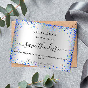 Bigende zilverroyal blauwe elegant save the date