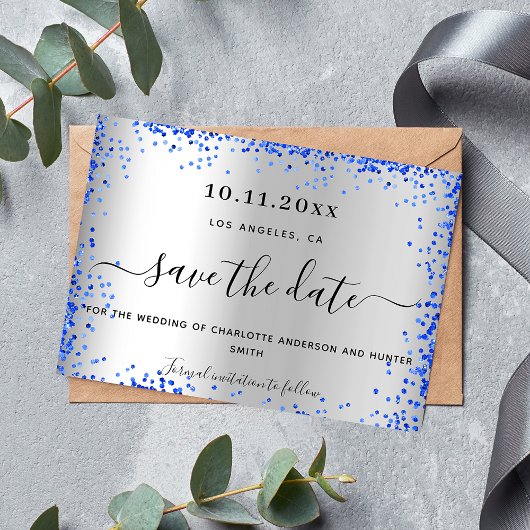 Bigende zilverroyal blauwe elegant save the date