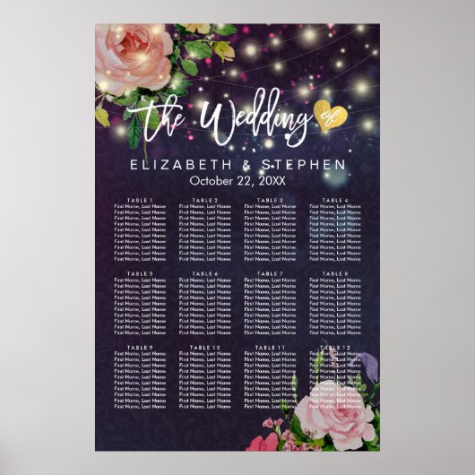 Bigende zitplaatskaart Floral Paarse String Lights Poster (Voorkant)