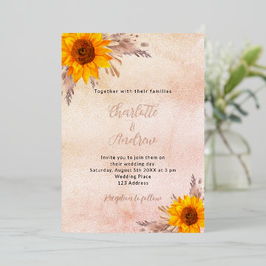 Bigende zonnebloemen pampas grasbloem herfst folie uitnodiging (Staand Voorkant)