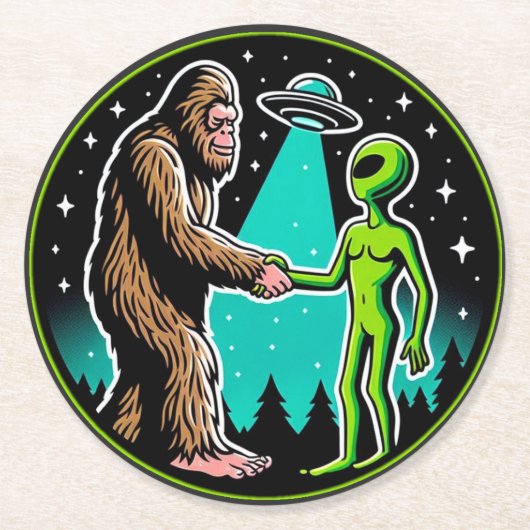 Bigfoot Alien Alliance - Grappige Scifi Cryptid Ronde Kartonnen Onderzetter (Voorkant)