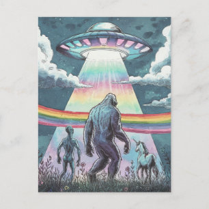 Bigfoot, Alien en Unicorn met een UFO Briefkaart