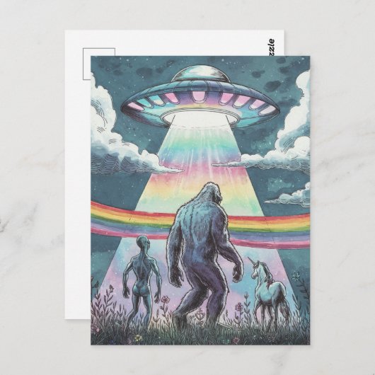Bigfoot, Alien en Unicorn met een UFO Briefkaart (Voorkant / Achterkant)