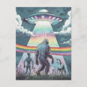 Bigfoot, Alien en Unicorn met een UFO Briefkaart (Voorkant)