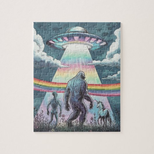 Bigfoot, Alien en Unicorn met een UFO Legpuzzel (Verticaal)
