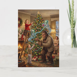 Bigfoot Alien Kerstboom Versieren Vintage Kerstmis Kaart
