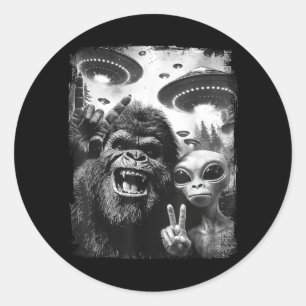 Bigfoot Alien Selfie Rock On Vredesteken Grappige Ronde Sticker