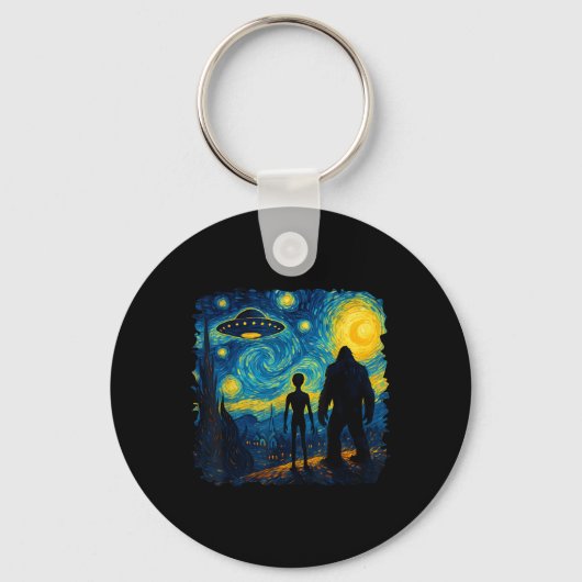 Bigfoot Alien Ufo Van Gogh Starry Night Sasquatch  Sleutelhanger (Voorkant)