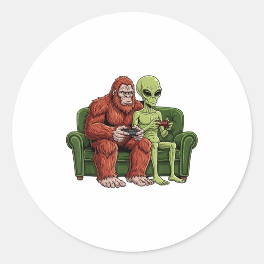 Bigfoot Alien Video Games Gaming Sasquatch Ufo Men Ronde Sticker (Voorkant)