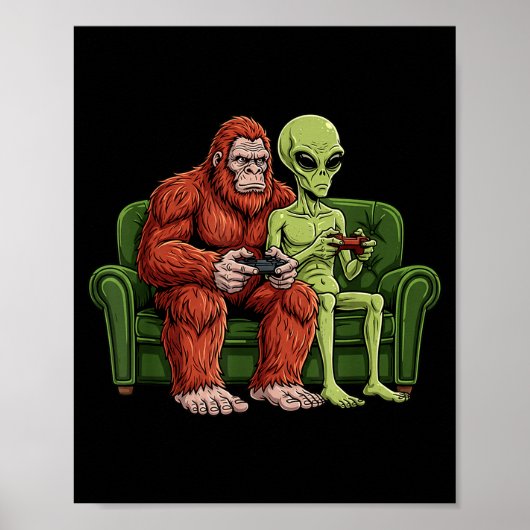 Bigfoot Alien Videogames Gaming Sasquatch Ufo Mann Poster (Voorkant)