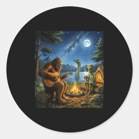 Bigfoot And Alien Loch Ness Campfire Sasquatch Fun Ronde Sticker (Voorkant)