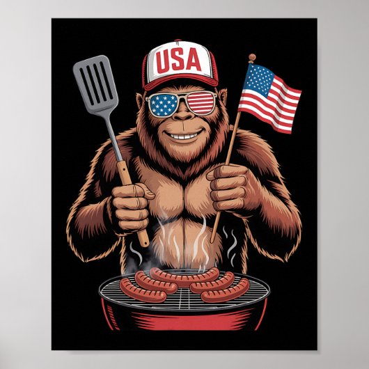 Bigfoot BBQ 4 juli grappig patriottisch Sasquatch  Poster (Voorkant)