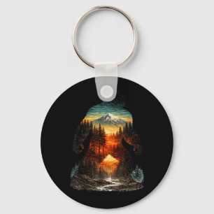 Bigfoot Bergbos Zonsondergang Buiten Retro Sleutelhanger