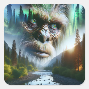 Bigfoot, Bergen, Rivier en Bos Vierkante Sticker