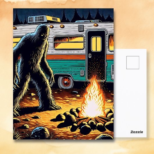 Bigfoot bij Campfire en Retro Rv Briefkaart