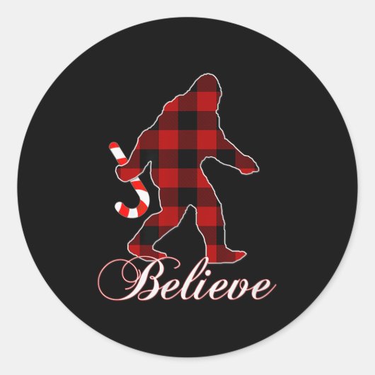 Bigfoot Buffalo Plaid Believe Candy Cane Christmas Ronde Sticker (Voorkant)