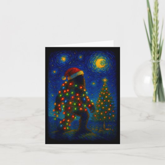 Bigfoot Christmas Sasquatch Santa Hat Starry Night Kaart (Voorkant)