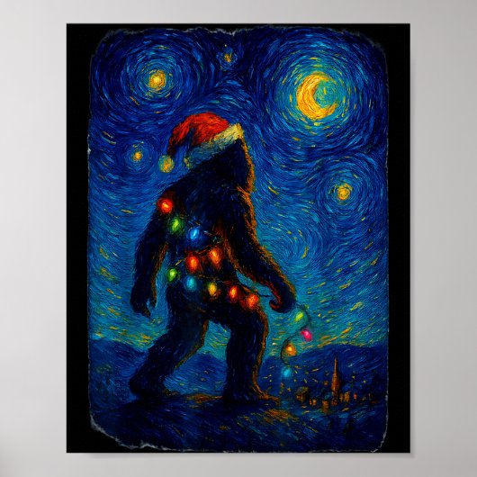 Bigfoot Christmas Sasquatch Santa Hat Starry Night Poster (Voorkant)
