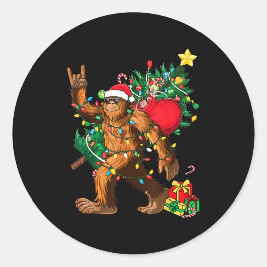 Bigfoot Christmas Tree Lights Xmas Boys Men Sasqua Ronde Sticker (Voorkant)