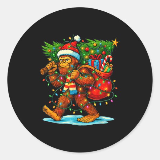 Bigfoot Christmas Tree Xmas Sasquatch Funny Lights Ronde Sticker (Voorkant)