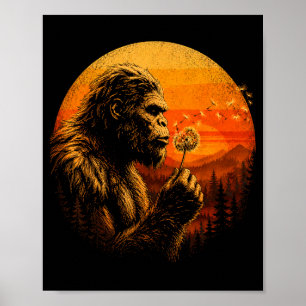 Bigfoot die paardenbloem uitblaast retro zonsonder poster