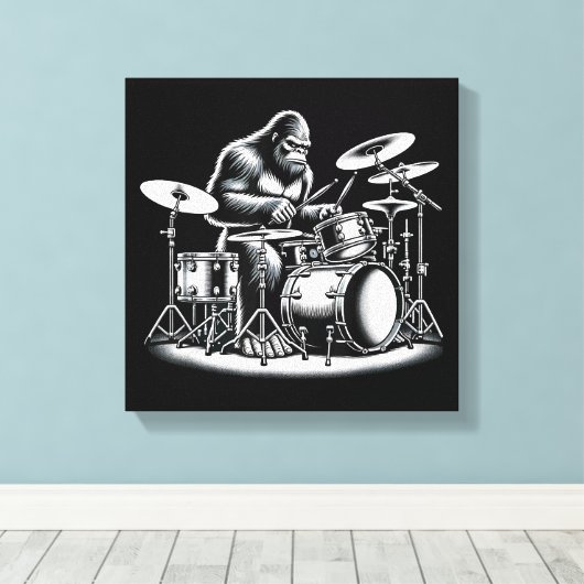 Bigfoot drummer Sasquatch speelt drums muzikant B Canvas Afdruk (Insitu (Houten vloer))