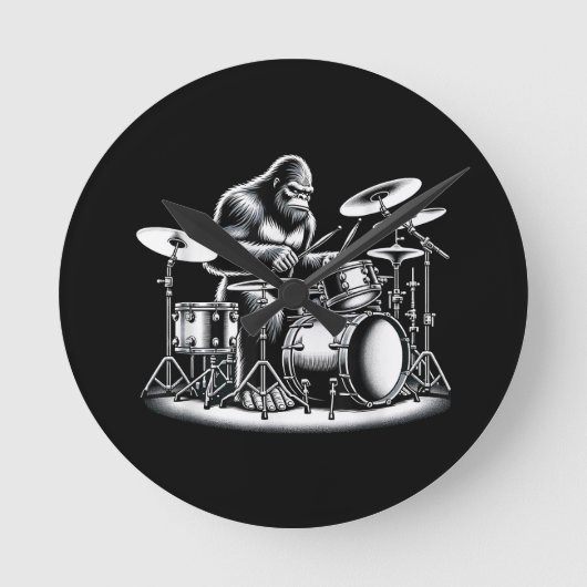 Bigfoot drummer Sasquatch speelt drums muzikant B Ronde Klok (Voorkant)
