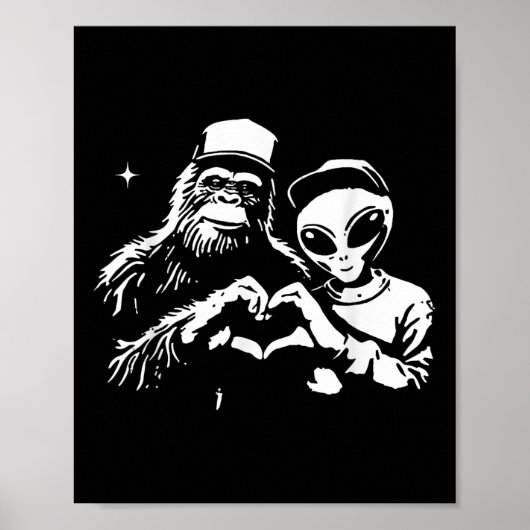 Bigfoot en Alien Heart Hands Funny Valentijns Big Poster (Voorkant)