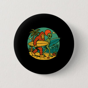 Bigfoot en Alien surfen Vintage strand kunst surfe Ronde Button 5,7 Cm
