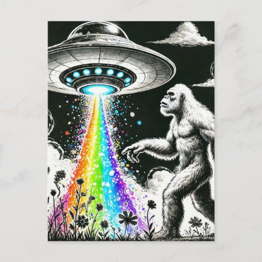 Bigfoot en de Rainbow UFO in een wilde bloemenweid Briefkaart (Voorkant)