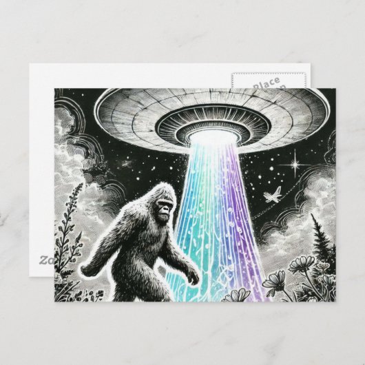 Bigfoot en een ufo in het bos Briefkaart (Voorkant / Achterkant)