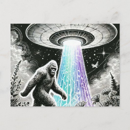 Bigfoot en een ufo in het bos Briefkaart (Voorkant)