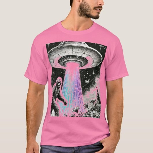 Bigfoot en een ufo in het bos Briefkaart T-shirt (Voorkant)
