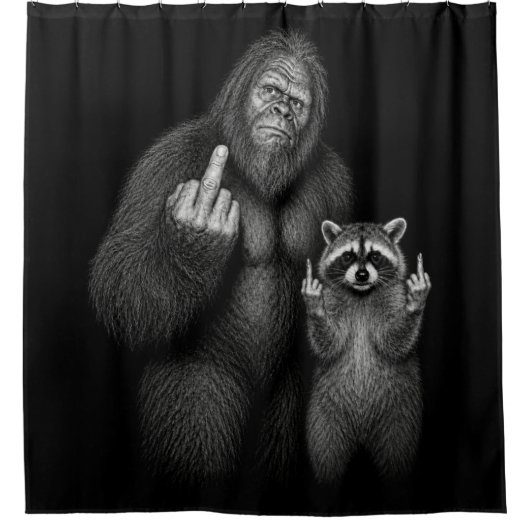Bigfoot en Wasbeer Middelvinger Douchegordijn (Voorkant)