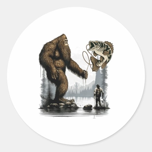 Bigfoot Fishing Funny Sasquatch Fi-shirt  Ronde Sticker (Voorkant)