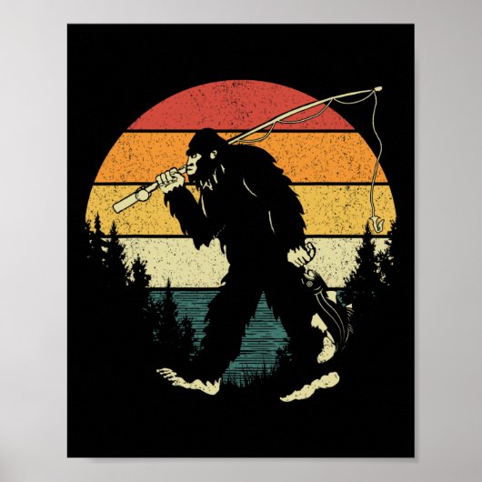 Bigfoot Fishing Funny Sasquatch Fish Sunset 80s By Poster (Voorkant)