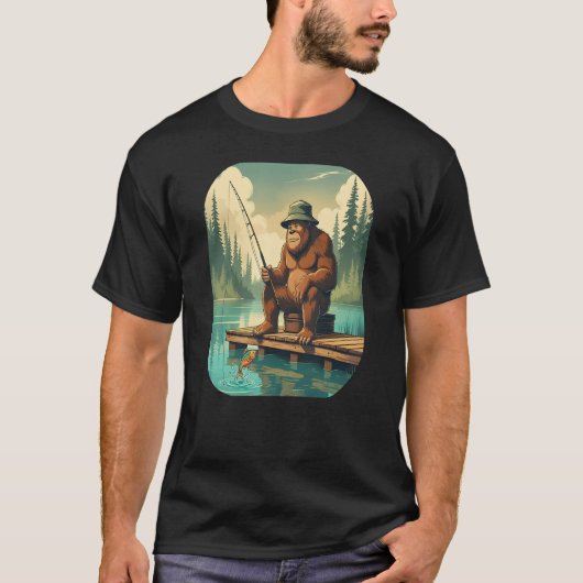 Bigfoot Fishing Sasquatch Distressed T-shirt (Voorkant)
