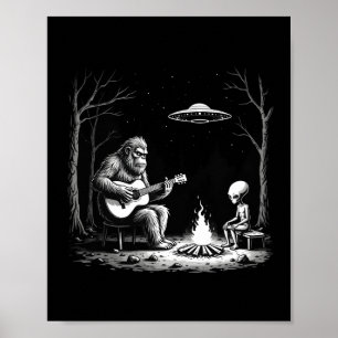 Bigfoot Gitaar T-shirt Kampvuur Alien Ufo Kamperen Poster