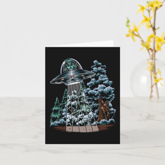 Bigfoot Hiding van Alien in een ufo achter een boo Kaart (Gele Bloem)